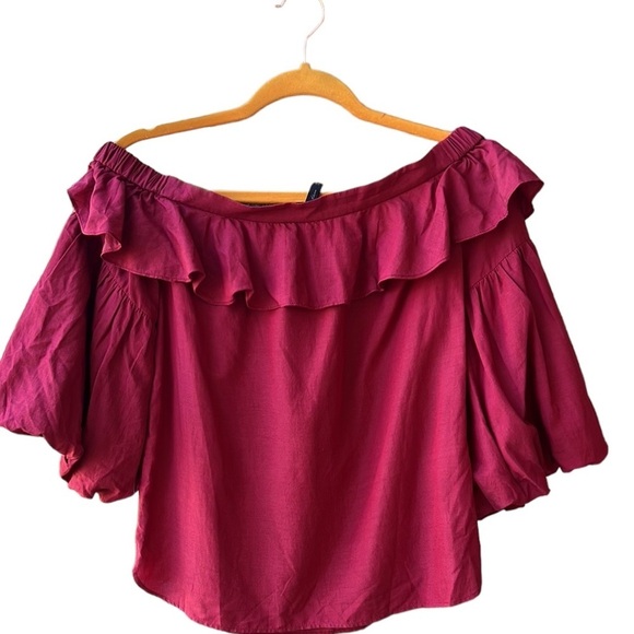 BCBG Maxazria Boho Burgundy Off Shoulder Ruffle Balloon Sleeve Blouse Top sz XS - Picture 7 of 7